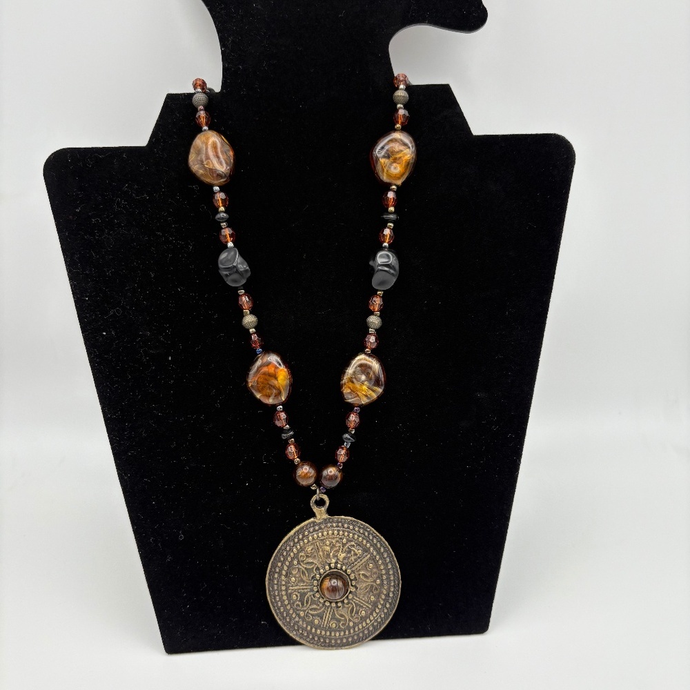 Boho Beaded Statement Necklace w/‎ Large Vintage Medallion Pendant